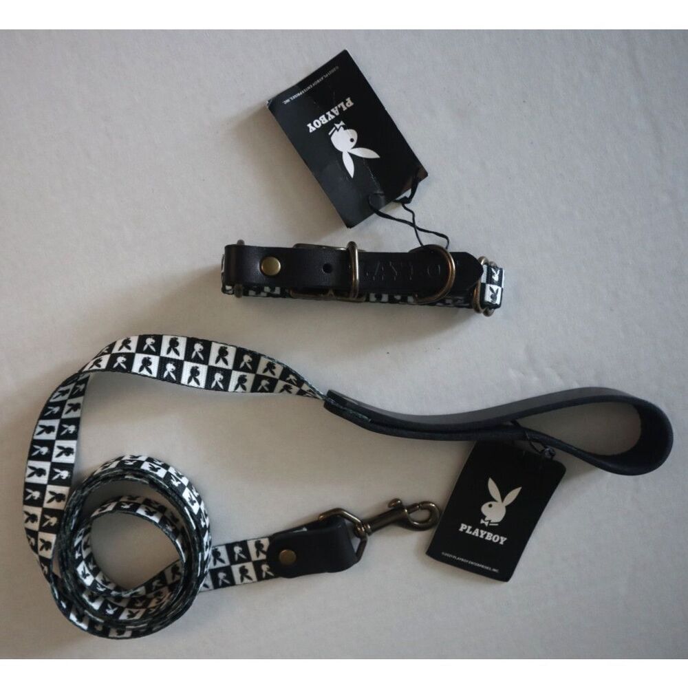 Playboy S/M Black & White Checkered Adjustable Leather Dog Leash Collar Set